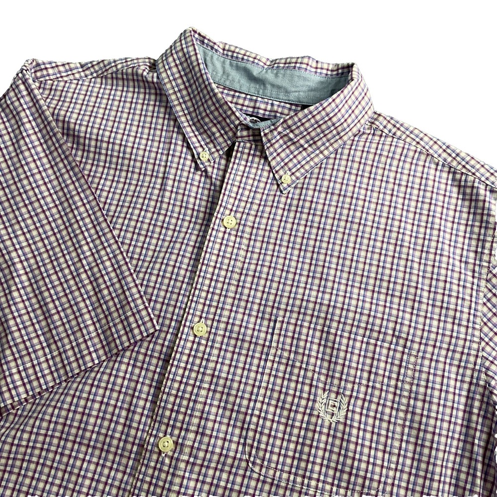 Chaps Easy‎ Care Men's Shirt Size XL Purple Blue Plaid Short Sleeve Button Down